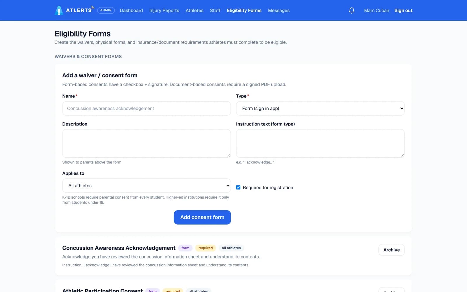 Eligibility forms page with a form for adding a waiver or consent, a type selector for signing in the app or uploading a document, and the list of existing forms.