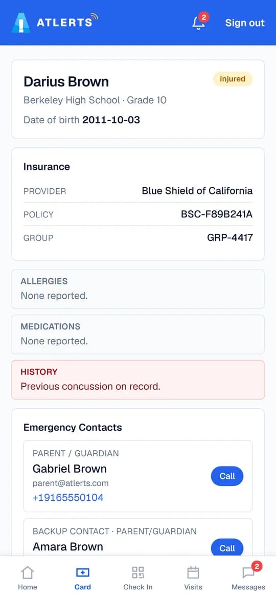 An athlete's own emergency card on a phone: insurance provider and policy, allergies, medications, concussion history and emergency contacts with Call buttons.