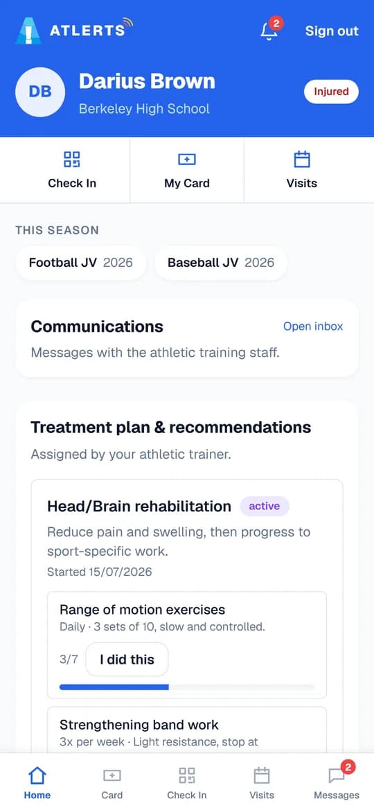 Athlete home on a phone: this season's teams, messages from the training staff, and a head injury rehabilitation plan with exercises and I did this buttons.