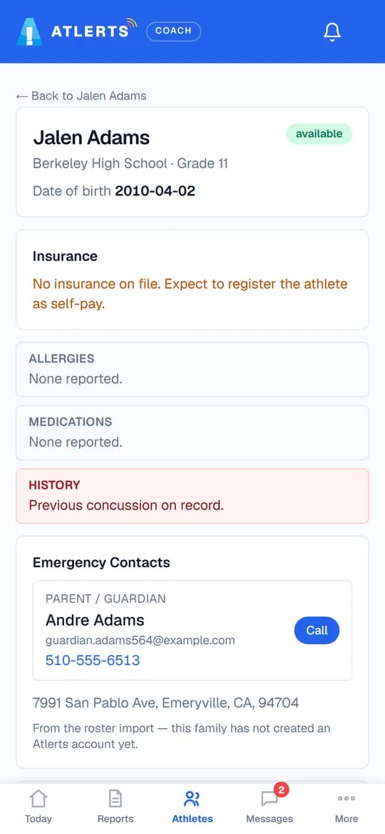 An athlete's emergency card on a coach's phone: no insurance on file, no allergies or medications, a previous concussion, and the guardian with a Call button.