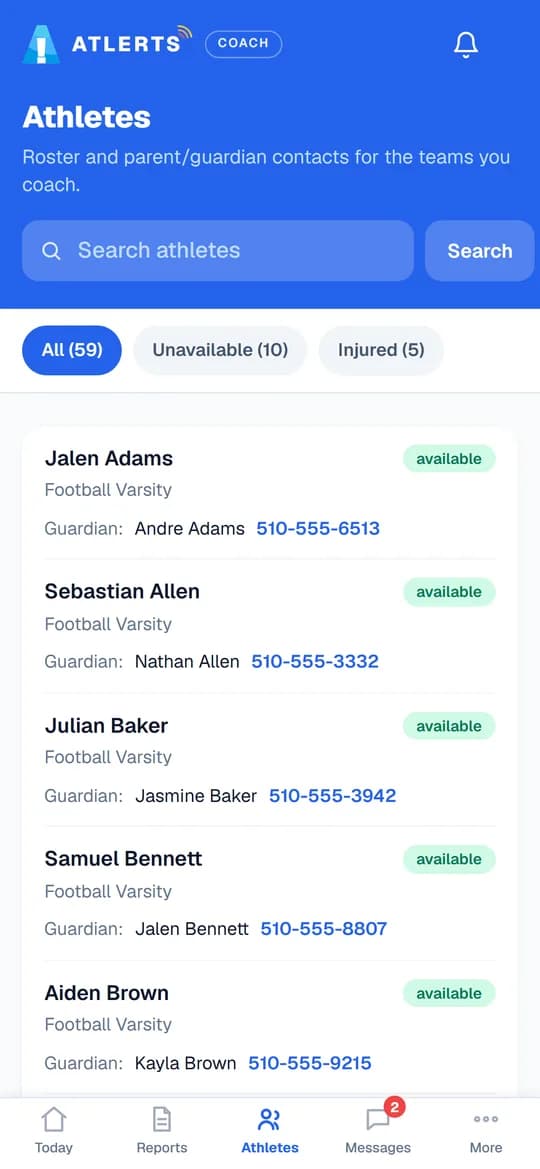 Coach's athlete list on a phone, filtered to all, unavailable or injured, each athlete with team, availability and guardian phone number.
