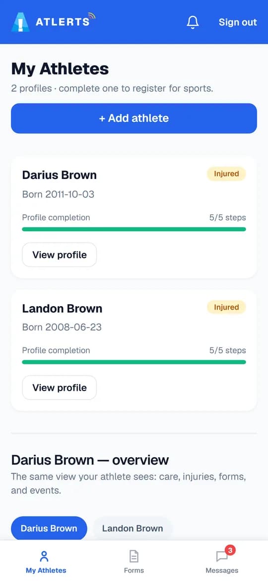Parent dashboard on a phone listing two children, both marked injured, each with a completed profile.
