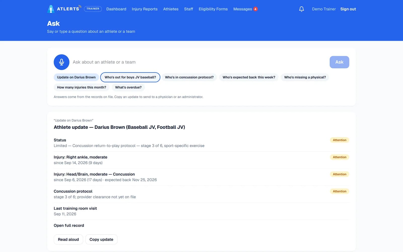 Ask page answering Update on Darius Brown: limited, concussion protocol stage 3 of 6, a right ankle injury and a concussion with an expected return date, with Read aloud and Copy update buttons.