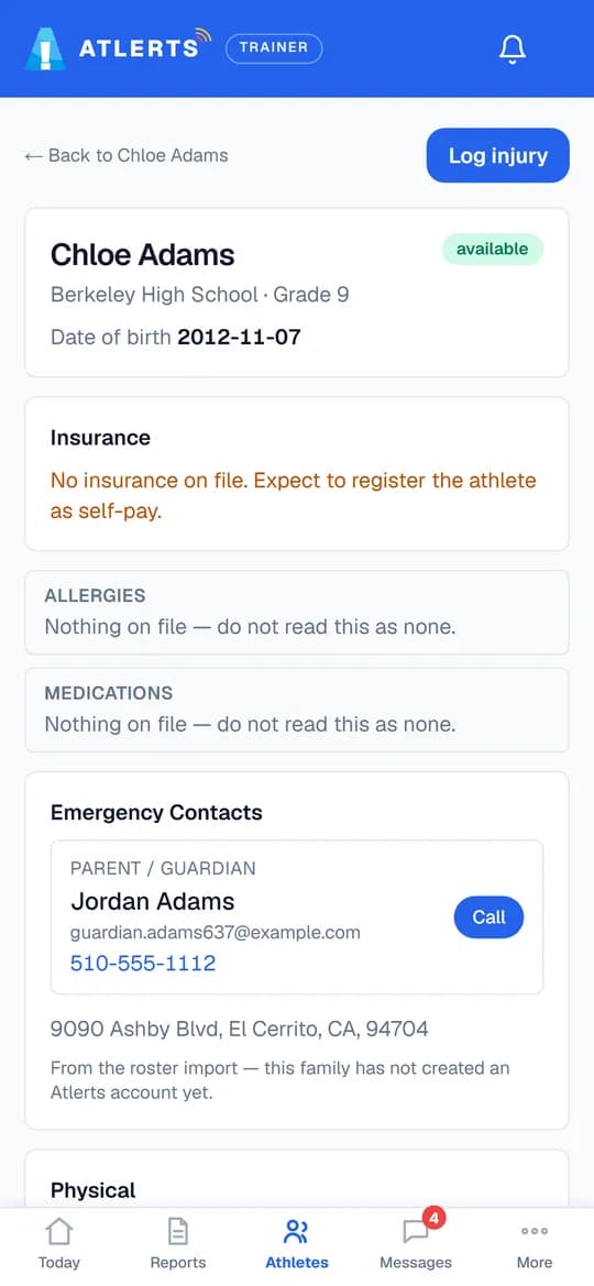 An athlete's emergency card on a phone: availability, insurance status, allergies, medications, and the parent or guardian with a Call button.