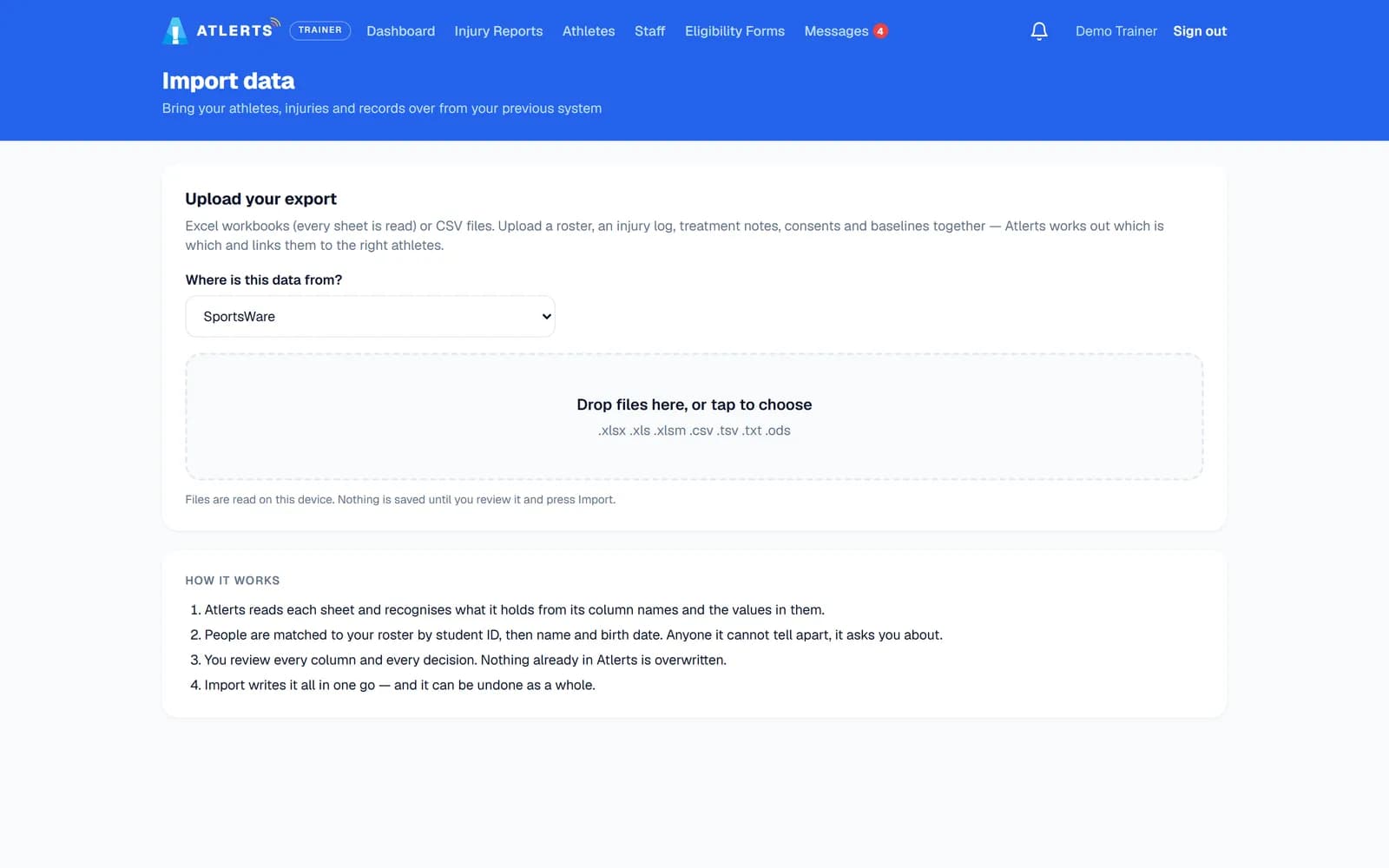 Import data page with a list of source systems, a drop zone for Excel or CSV files, and a four-step explanation of how the import works.