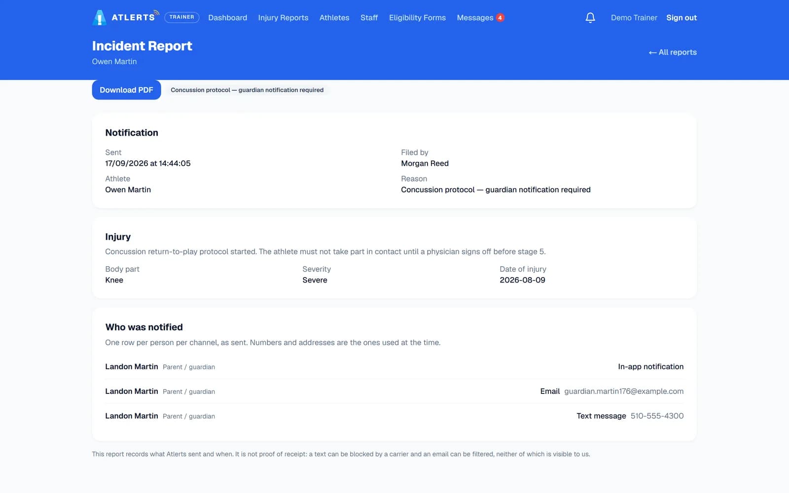 Incident report for a knee injury under concussion protocol, showing when it was sent, who filed it, the injury details, and the list of people notified by app, email and text.