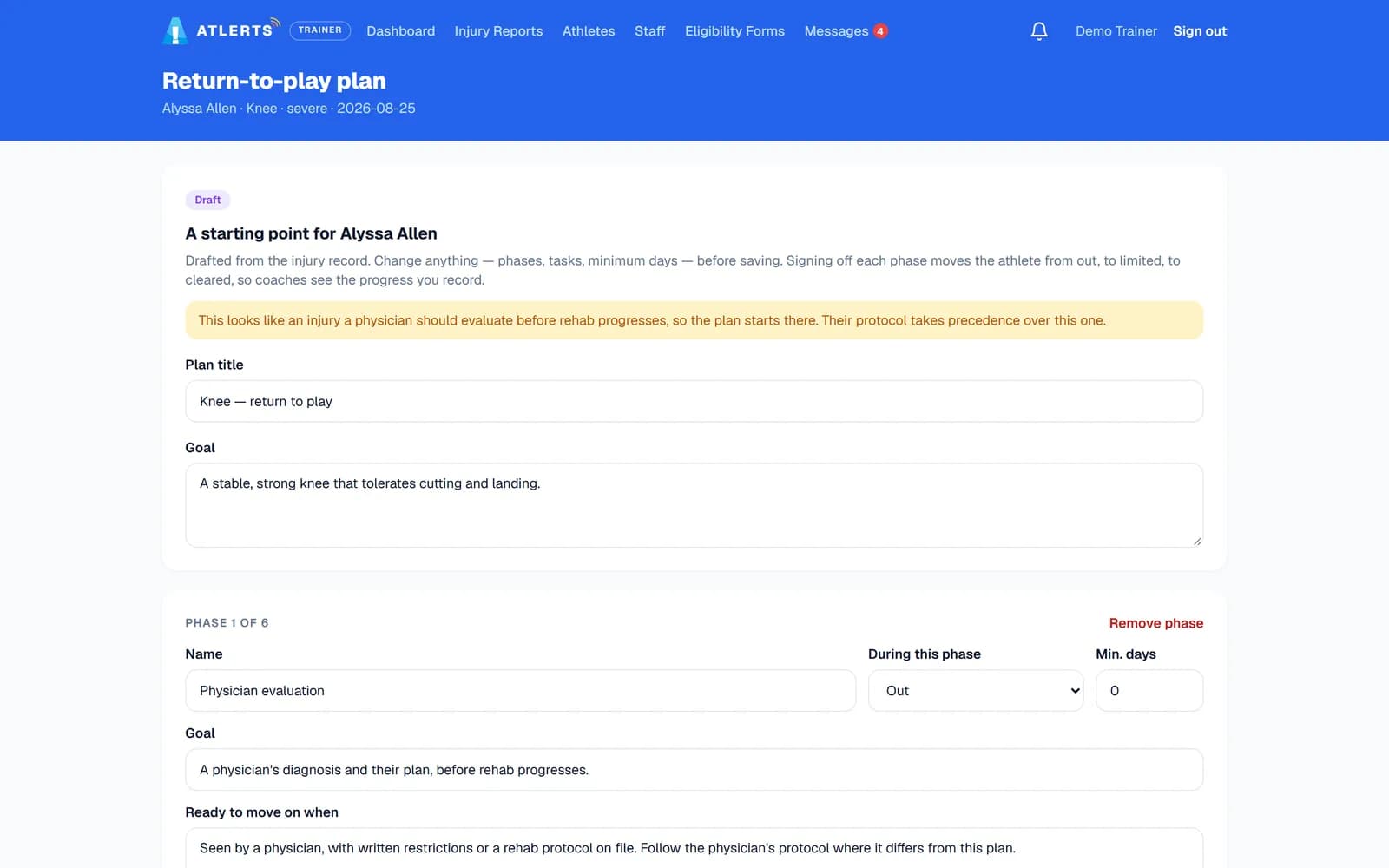 Return-to-play plan editor for a severe knee injury, marked Draft, noting that a physician should evaluate first, with the plan title, goal and phase 1 of 6, Physician evaluation.