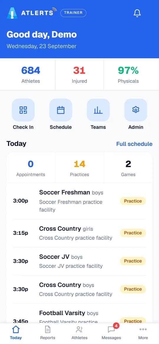 Trainer dashboard on a phone: 684 athletes, 31 injured and 97% of physicals complete, with shortcuts and today's practices by time.